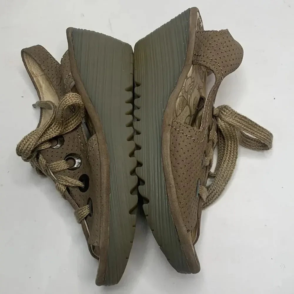 Fly London Yiva Perforated Taupe Lace Up Wedge Sandals S-055 Sz 40 EU / 9-9.5 US